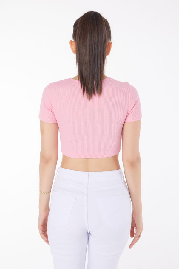 Düz Bisiklet Yaka Kadın Pembe Crop  - 25852