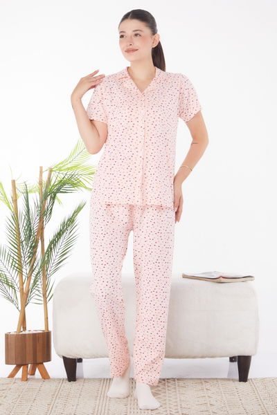 Düz Gömlek Yaka Kadın Pembe Kalp Desenli Pijama Takımı - 25904