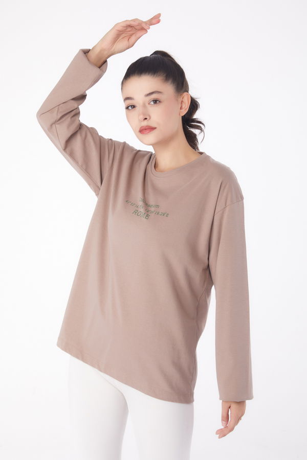Düz Bisiklet Yaka Kadın Vizon Baskılı Sweat - 26239 VİZON
