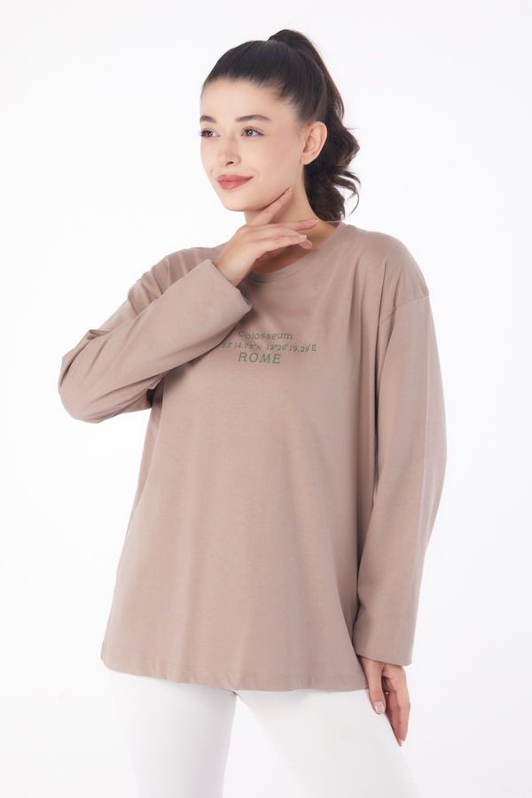 Düz Bisiklet Yaka Kadın Vizon Baskılı Sweat - 26239 VİZON