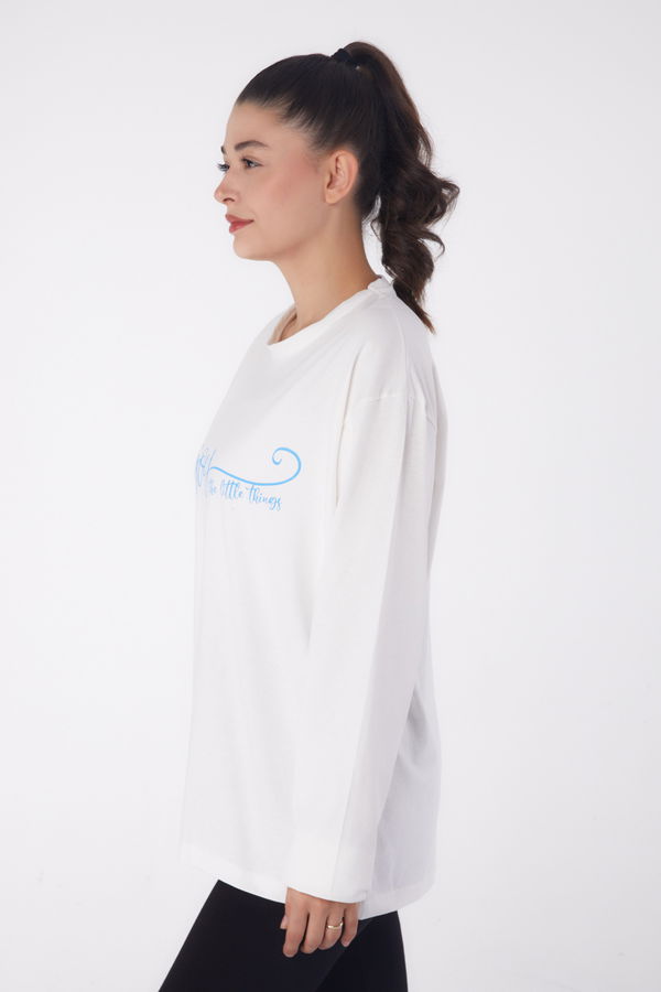 Düz Bisiklet Yaka Kadın Beyaz Baskılı Sweat - 26240