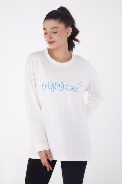 Düz Bisiklet Yaka Kadın Beyaz Baskılı Sweat - 26240