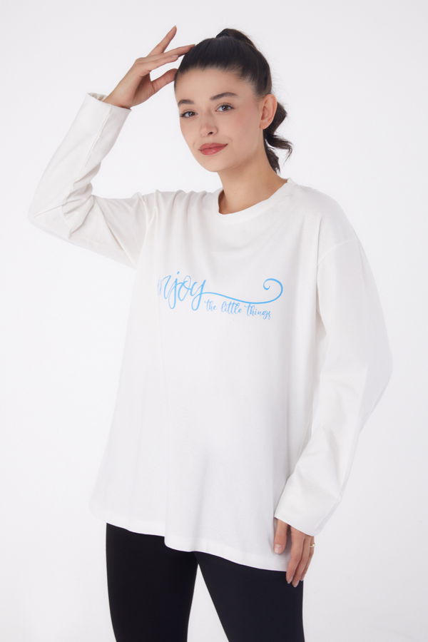 Düz Bisiklet Yaka Kadın Beyaz Baskılı Sweat - 26240