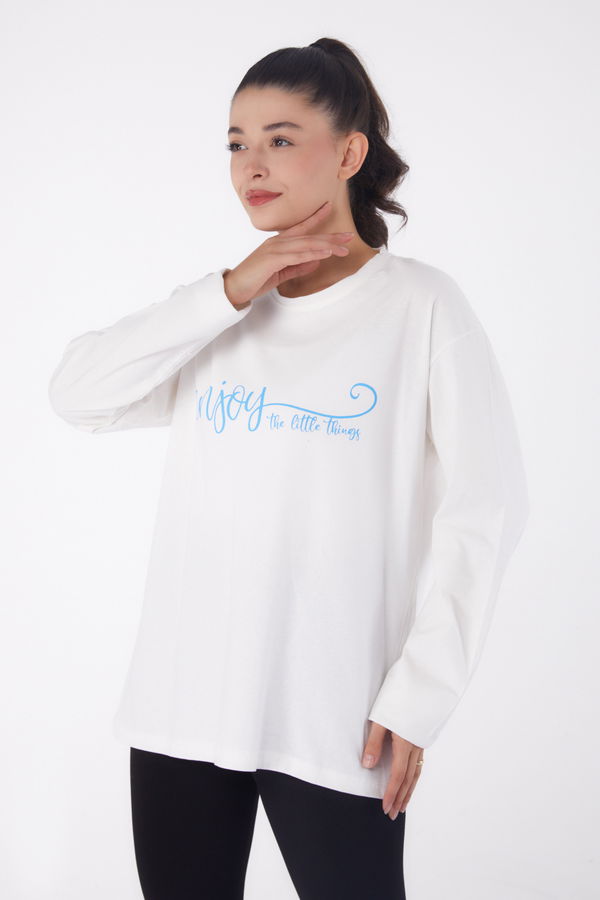 Düz Bisiklet Yaka Kadın Beyaz Baskılı Sweat - 26240