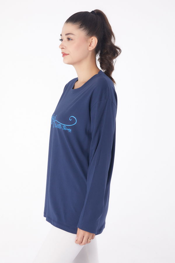 Düz Bisiklet Yaka Kadın Lacivert Baskılı Sweat - 26240