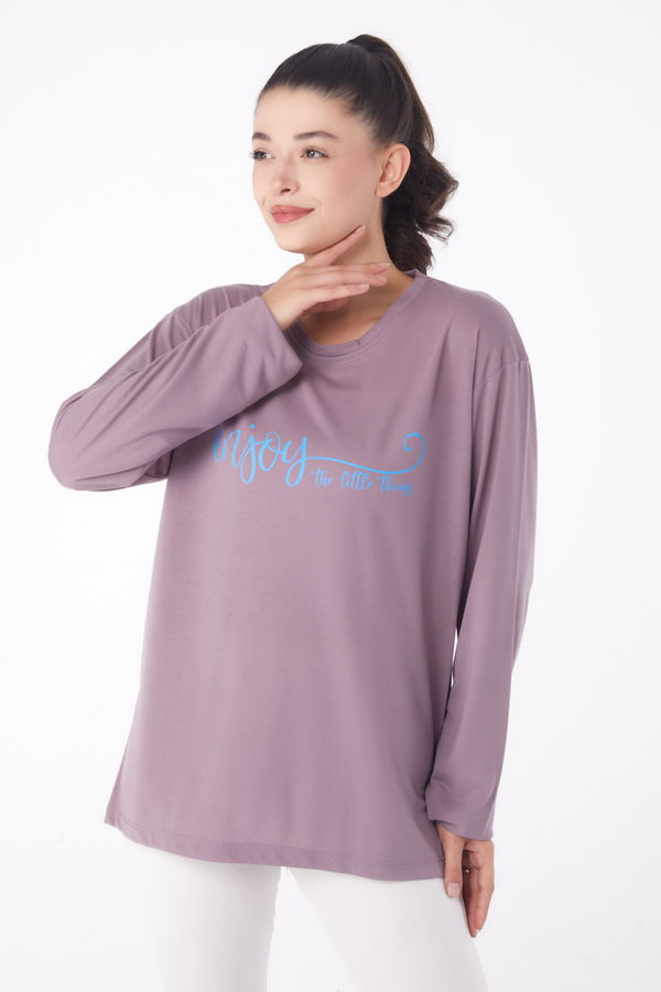 Düz Bisiklet Yaka Kadın Lila Baskılı Sweat - 26240 LİLA