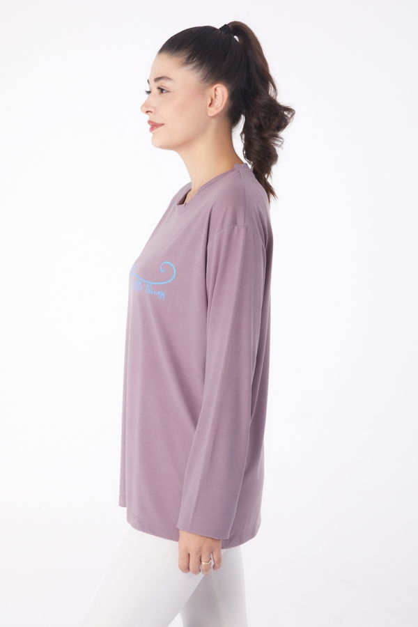 Düz Bisiklet Yaka Kadın Lila Baskılı Sweat - 26240 LİLA