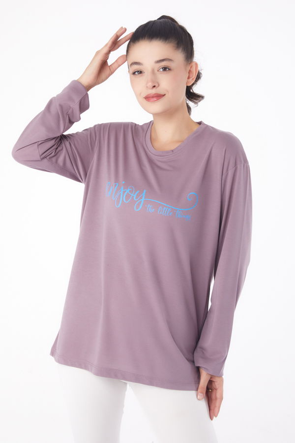 Düz Bisiklet Yaka Kadın Lila Baskılı Sweat - 26240 LİLA