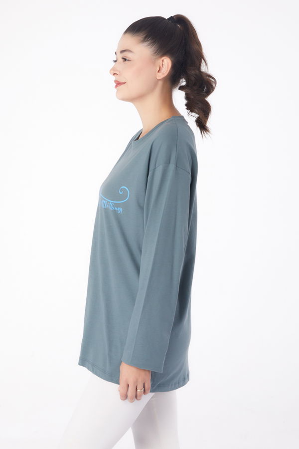 Düz Bisiklet Yaka Kadın Yeşil Baskılı Sweat - 26240