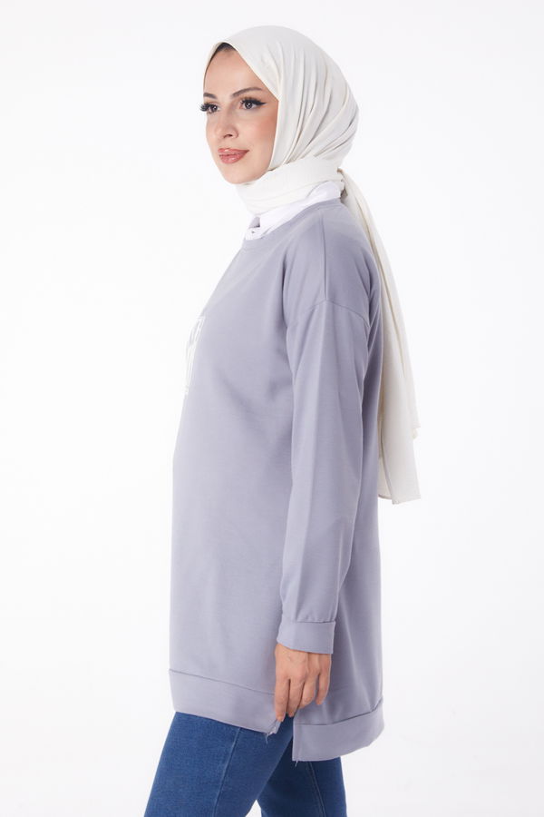Düz Bisiklet Yaka Kadın Gri Sweat - 26202 GRİ