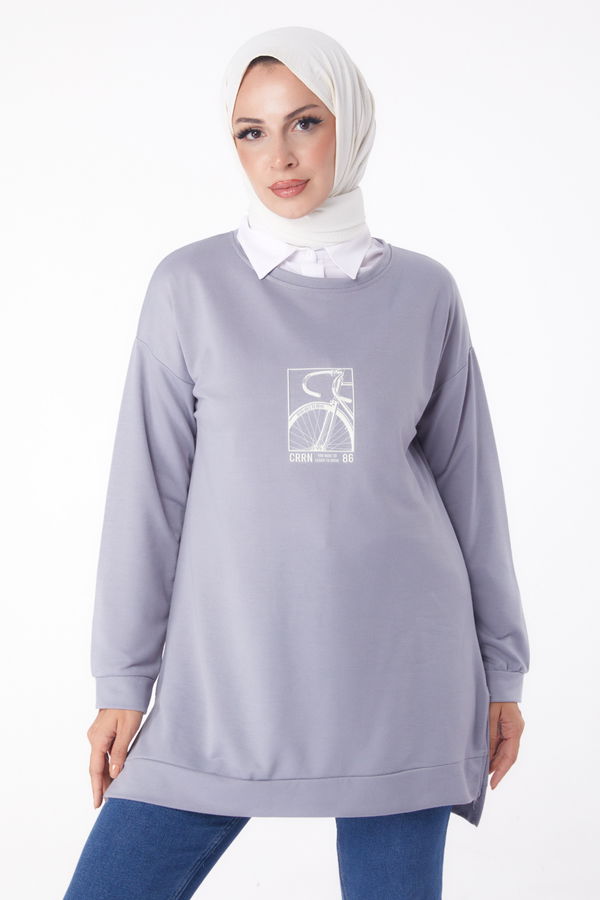 Düz Bisiklet Yaka Kadın Gri Sweat - 26202 GRİ