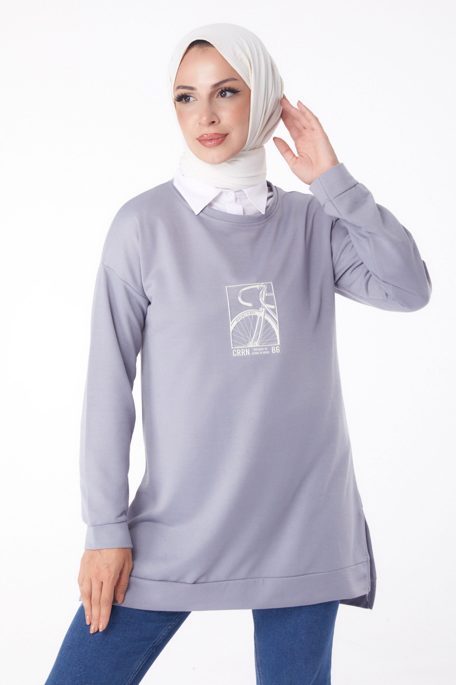Düz Bisiklet Yaka Kadın Gri Sweat - 26202 GRİ