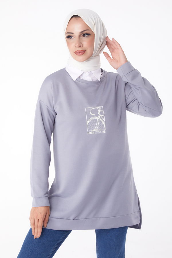 Düz Bisiklet Yaka Kadın Gri Sweat - 26202 GRİ