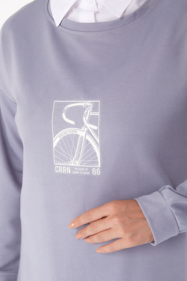 Düz Bisiklet Yaka Kadın Gri Sweat - 26202 GRİ
