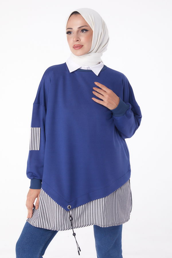 Düz Bisiklet Yaka Kadın Mavi Çizgili Sweat - 26222 MAVİ