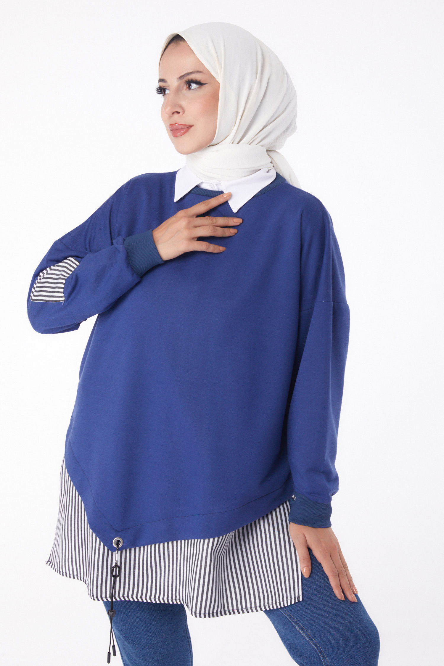 Düz Bisiklet Yaka Kadın Mavi Çizgili Sweat - 26222 MAVİ