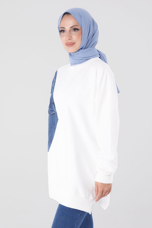 Düz Bisiklet Yaka Kadın Beyaz Garnili Sweat - 26224 BEYAZ