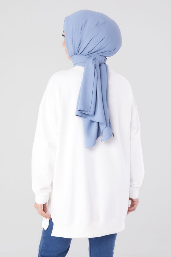 Düz Bisiklet Yaka Kadın Beyaz Garnili Sweat - 26224 BEYAZ