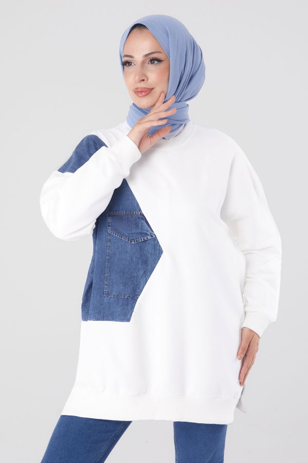 Düz Bisiklet Yaka Kadın Beyaz Garnili Sweat - 26224 BEYAZ