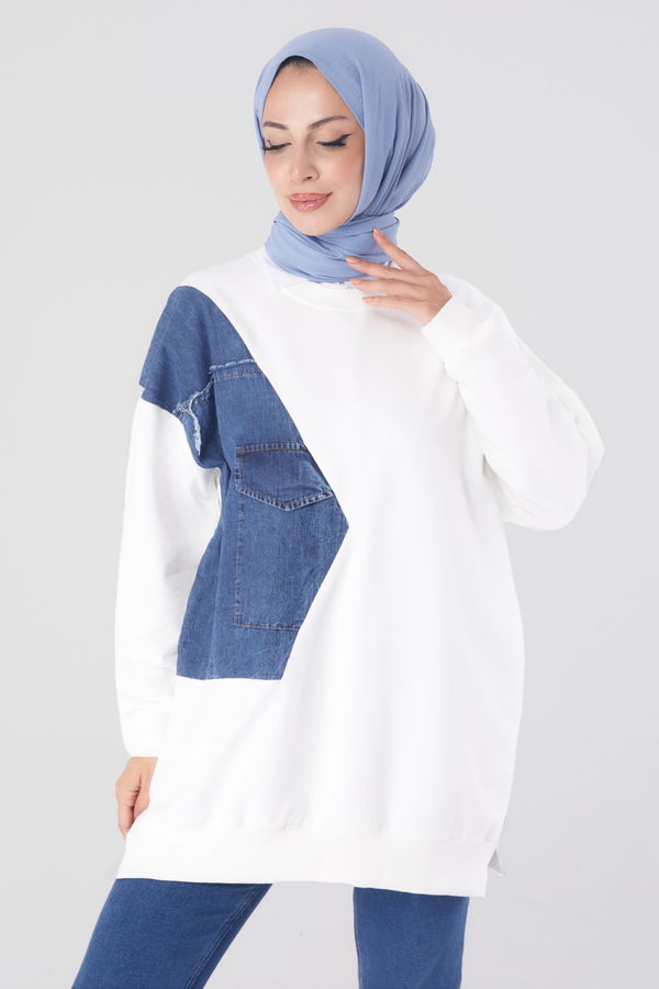 Düz Bisiklet Yaka Kadın Beyaz Garnili Sweat - 26224 BEYAZ