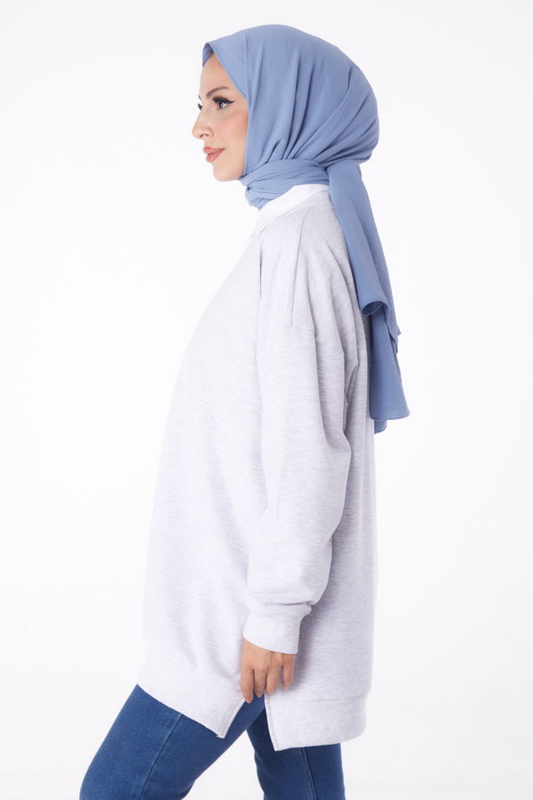 Düz Bisiklet Yaka Kadın Gri Garnili Sweat - 26224