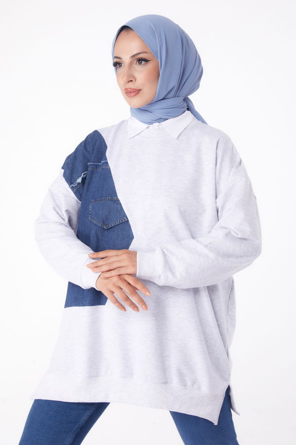 Düz Bisiklet Yaka Kadın Gri Garnili Sweat - 26224