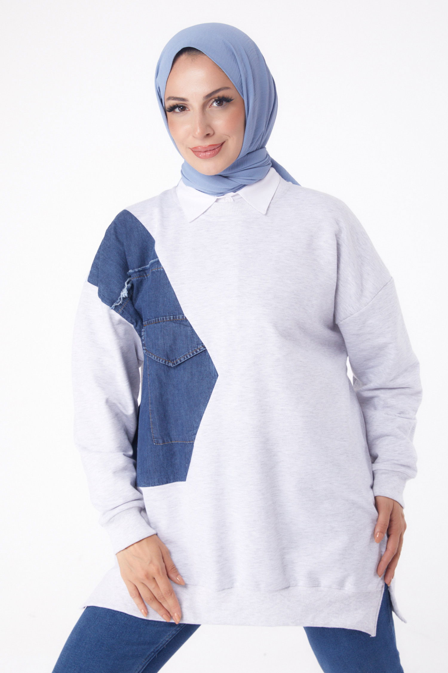 Düz Bisiklet Yaka Kadın Gri Garnili Sweat - 26224