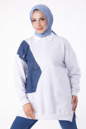 Düz Bisiklet Yaka Kadın Gri Garnili Sweat - 26224