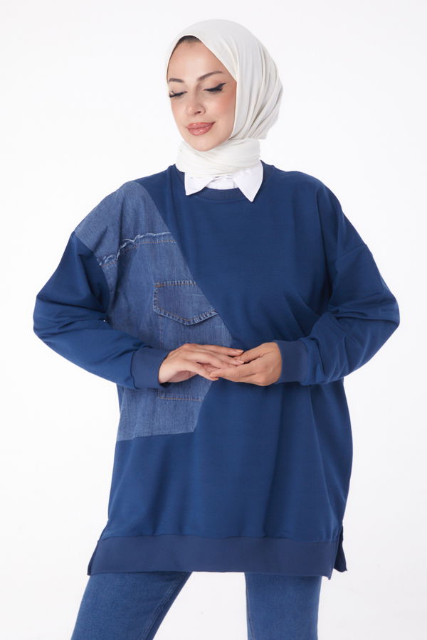 Düz Bisiklet Yaka Kadın Mavi Garnili Sweat - 26224