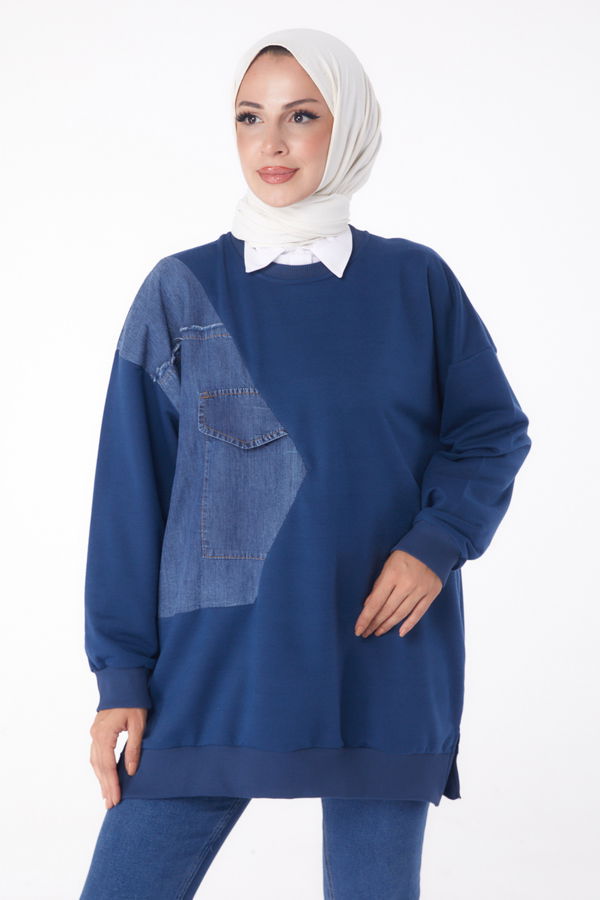 Düz Bisiklet Yaka Kadın Mavi Garnili Sweat - 26224