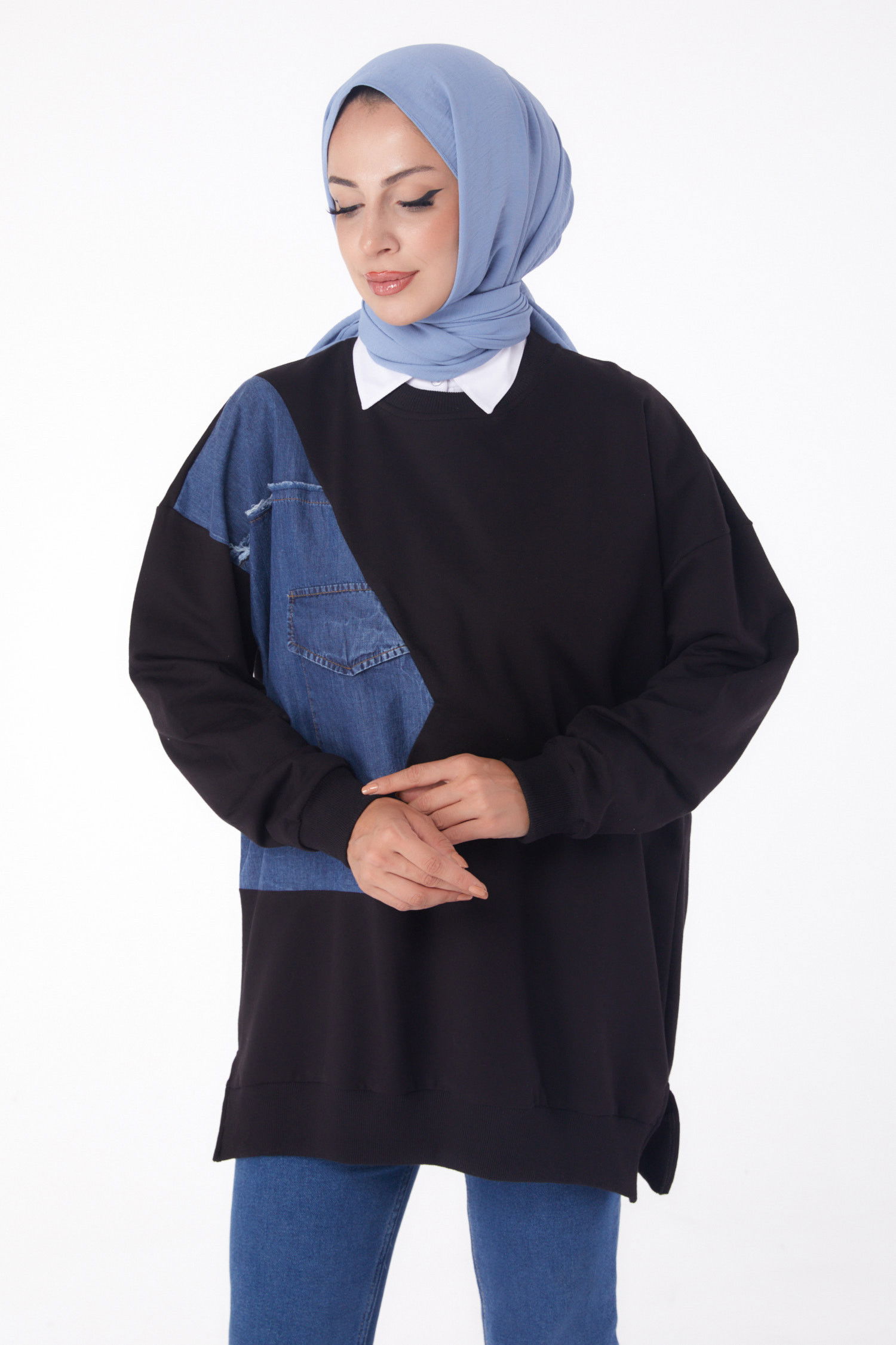 Düz Bisiklet Yaka Kadın Siyah Garnili Sweat - 26224