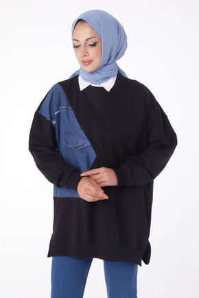 Düz Bisiklet Yaka Kadın Siyah Garnili Sweat - 26224