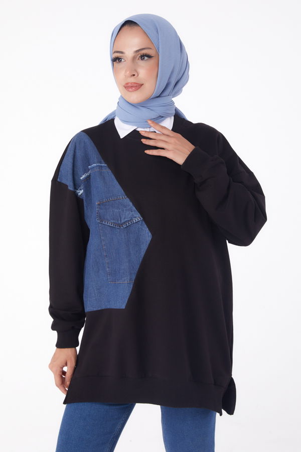 Düz Bisiklet Yaka Kadın Siyah Garnili Sweat - 26224