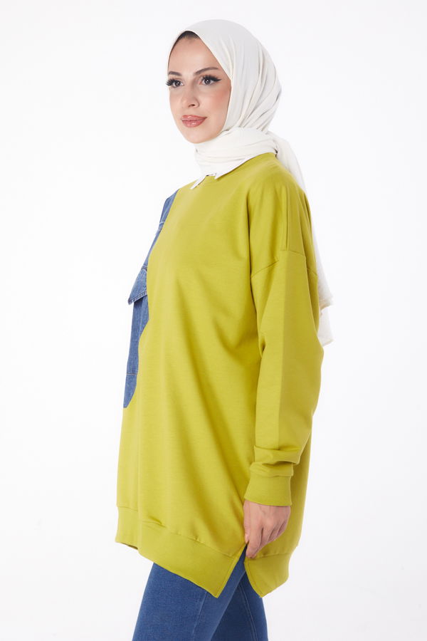 Düz Bisiklet Yaka Kadın Yeşil Garnili Sweat - 26224 YEŞİL