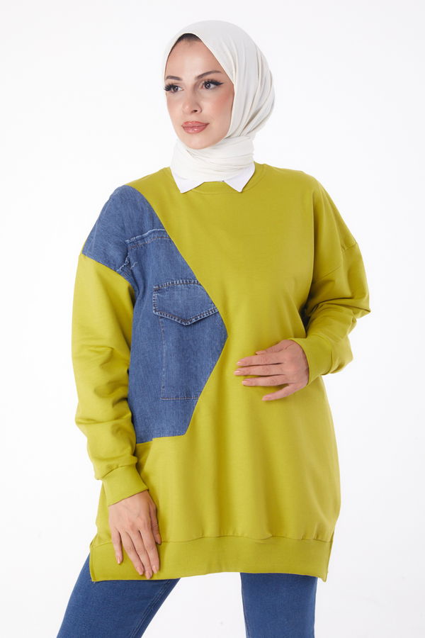 Düz Bisiklet Yaka Kadın Yeşil Garnili Sweat - 26224 YEŞİL