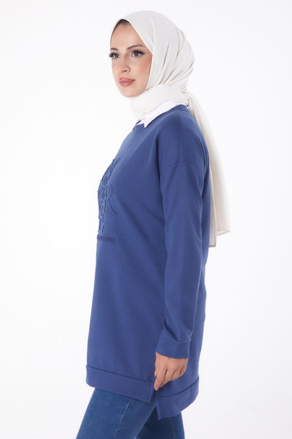 Düz Bisiklet Yaka Kadın Mavi Sweat - 26201 MAVİ