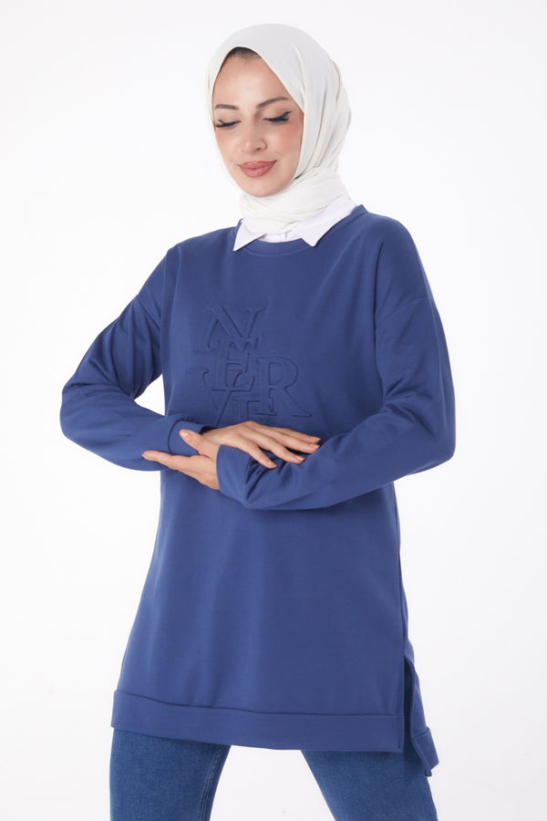 Düz Bisiklet Yaka Kadın Mavi Sweat - 26201 MAVİ