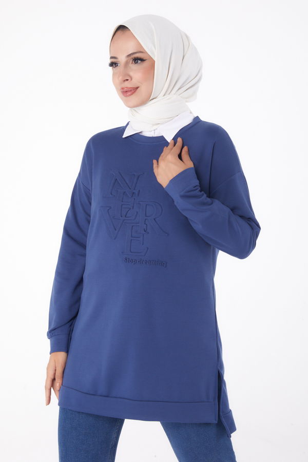 Düz Bisiklet Yaka Kadın Mavi Sweat - 26201 MAVİ