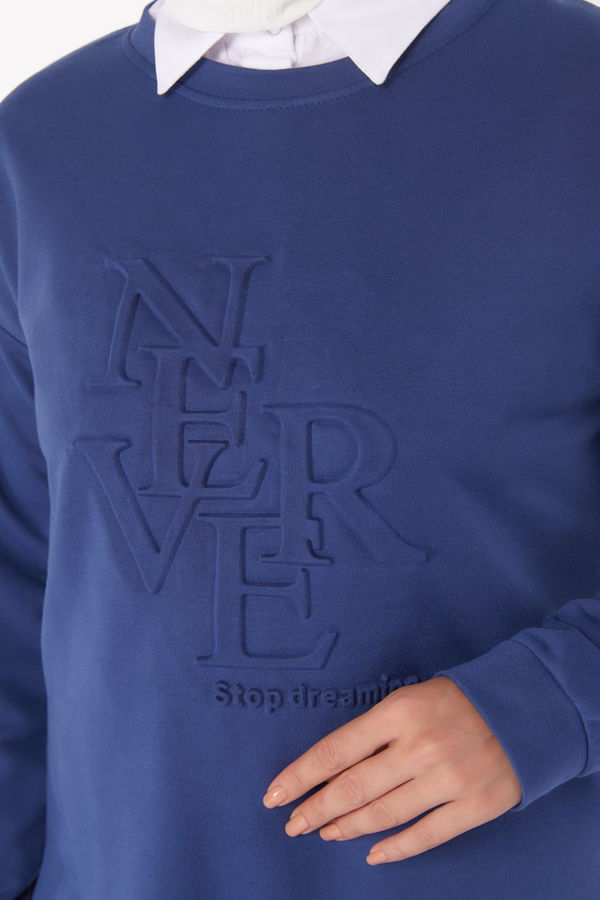 Düz Bisiklet Yaka Kadın Mavi Sweat - 26201 MAVİ