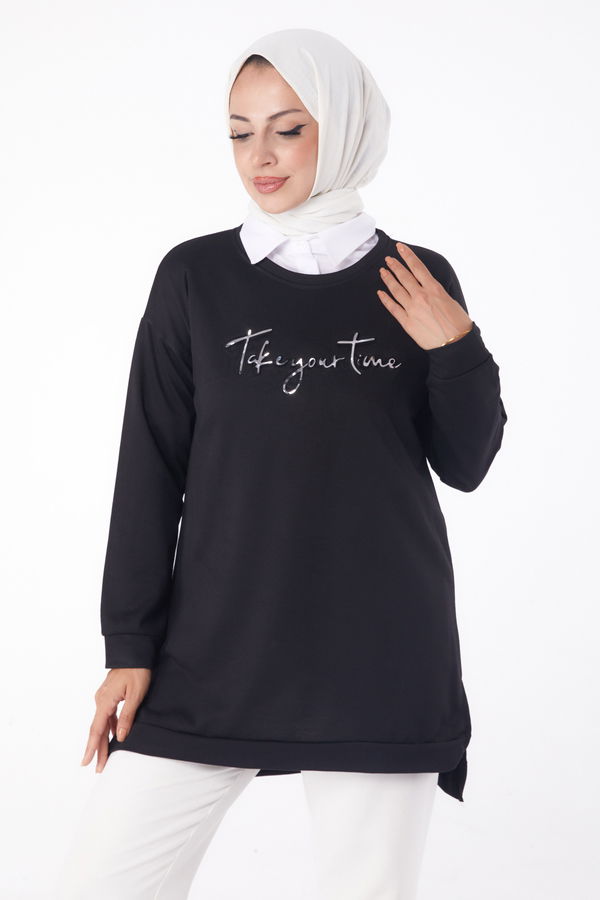 Düz Bisiklet Yaka Kadın Siyah Sweat - 26199 SİYAH