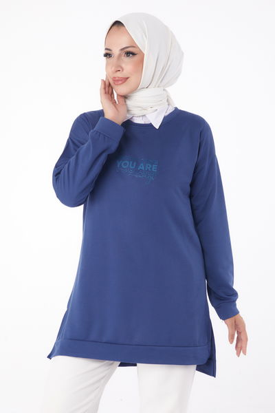 Düz Bisiklet Yaka Kadın Mavi Sweat - 26200