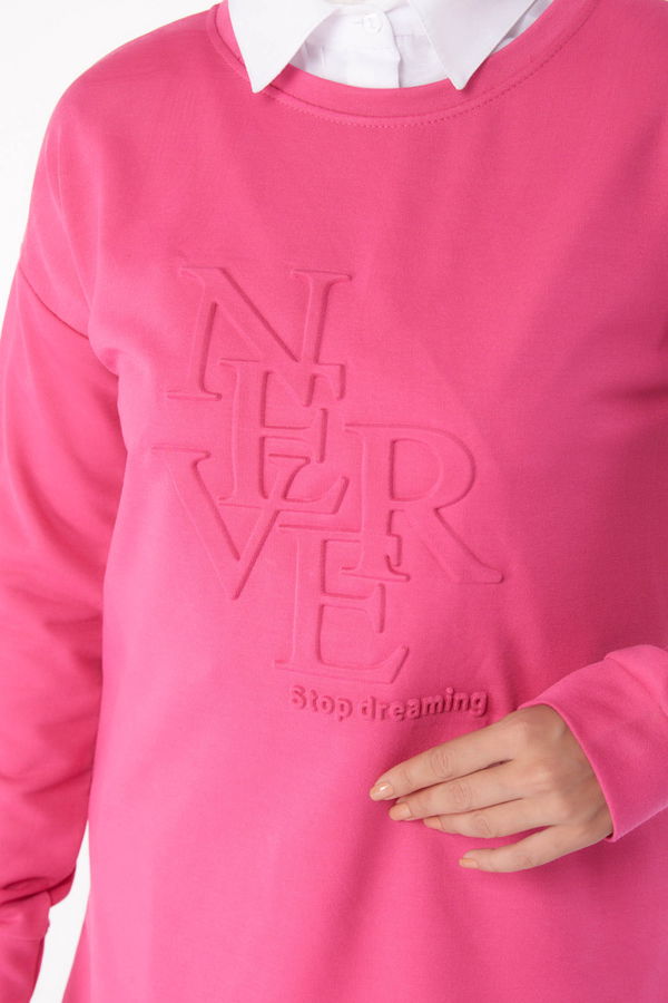 Düz Bisiklet Yaka Kadın Fuşya Sweat - 26201 FUŞYA