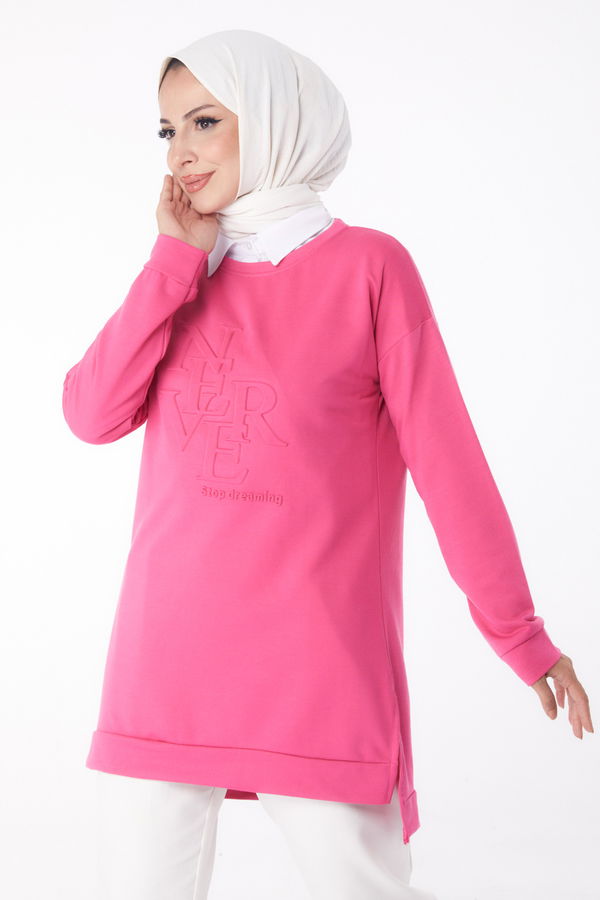 Düz Bisiklet Yaka Kadın Fuşya Sweat - 26201 FUŞYA