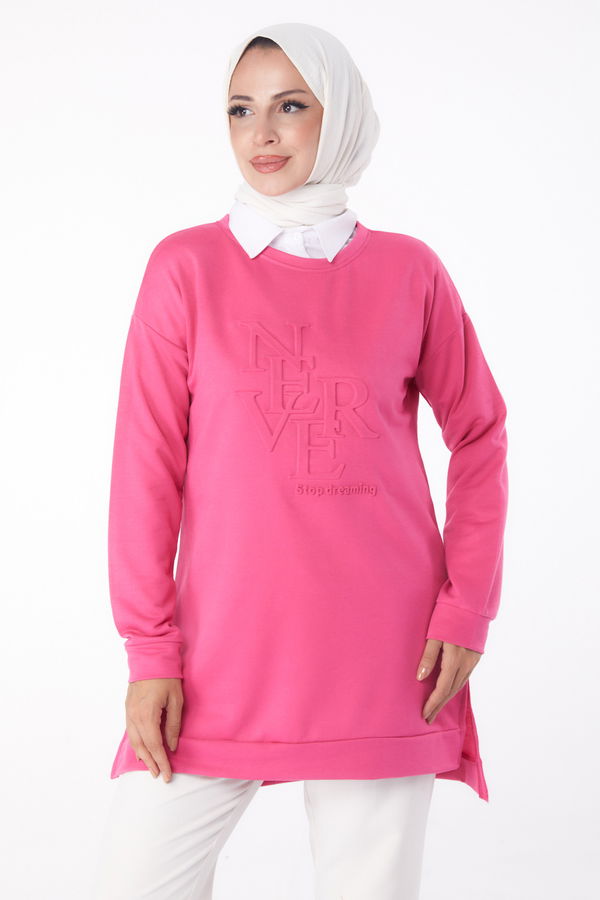 Düz Bisiklet Yaka Kadın Fuşya Sweat - 26201 FUŞYA