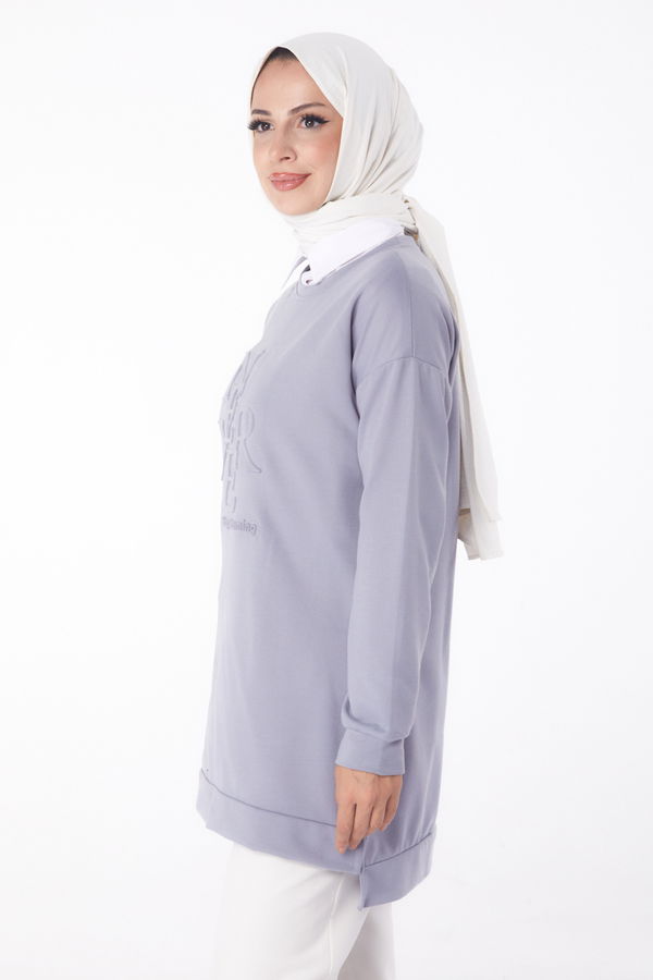 Düz Bisiklet Yaka Kadın Gri Sweat - 26201 GRİ