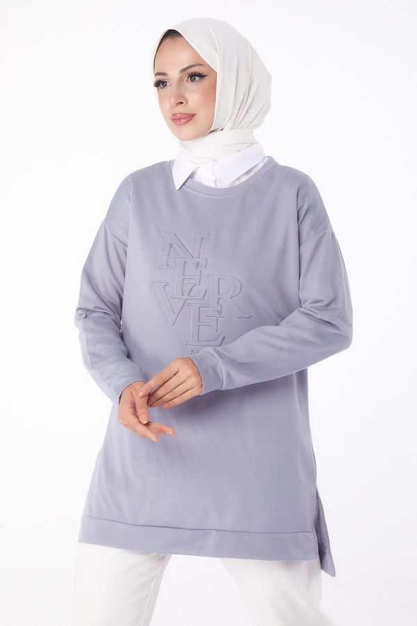 Düz Bisiklet Yaka Kadın Gri Sweat - 26201 GRİ