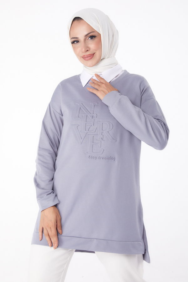 Düz Bisiklet Yaka Kadın Gri Sweat - 26201 GRİ