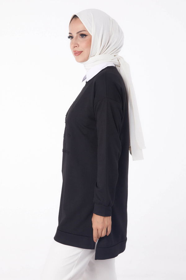 Düz Bisiklet Yaka Kadın Siyah Sweat - 26201