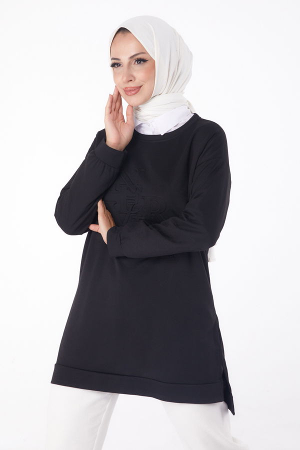 Düz Bisiklet Yaka Kadın Siyah Sweat - 26201