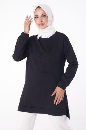 Düz Bisiklet Yaka Kadın Siyah Sweat - 26201